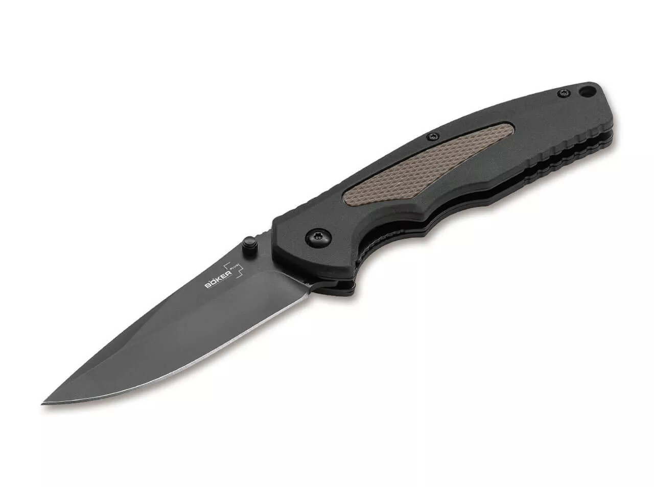 Boker Plus Gemini NGA Assisted Folding Knife 3.5″ D2 Black Plain Blade, Black/Coyote FRS Handles W/ Clip