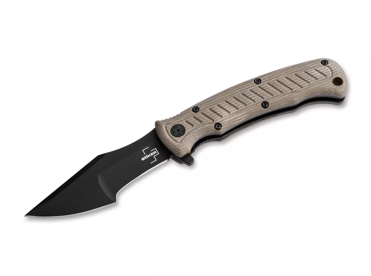Boker Plus Micro Tracker Flipper Folding Knife, 3.12″ 154CM Black Blade, Tan Micarta Handles W/ Clip