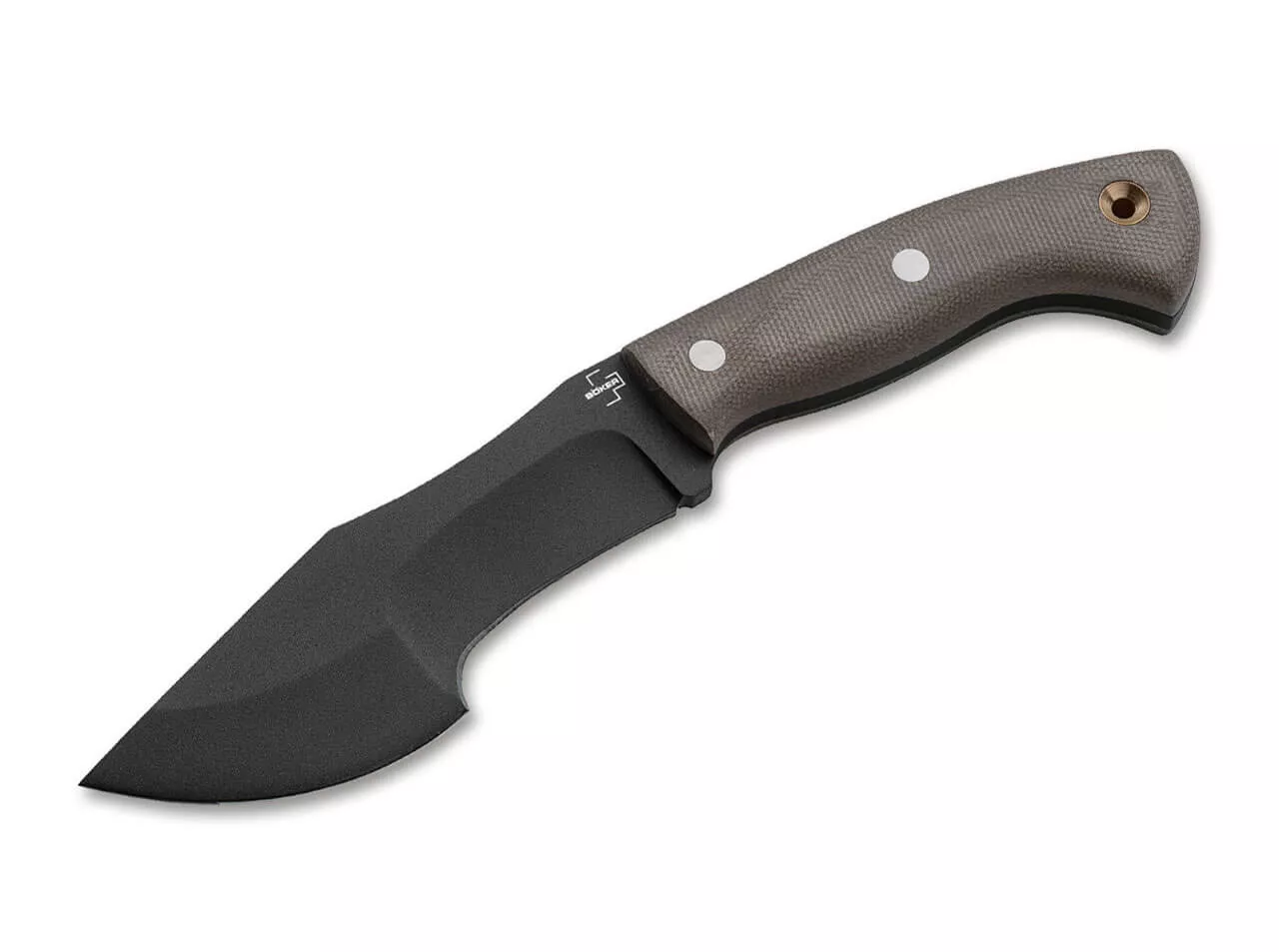 Boker Plus Mini Tracker Fixed Blade Knife 5.31″ Black Powder Coated Recurve, Olive Micarta Handles, Kydex Sheath