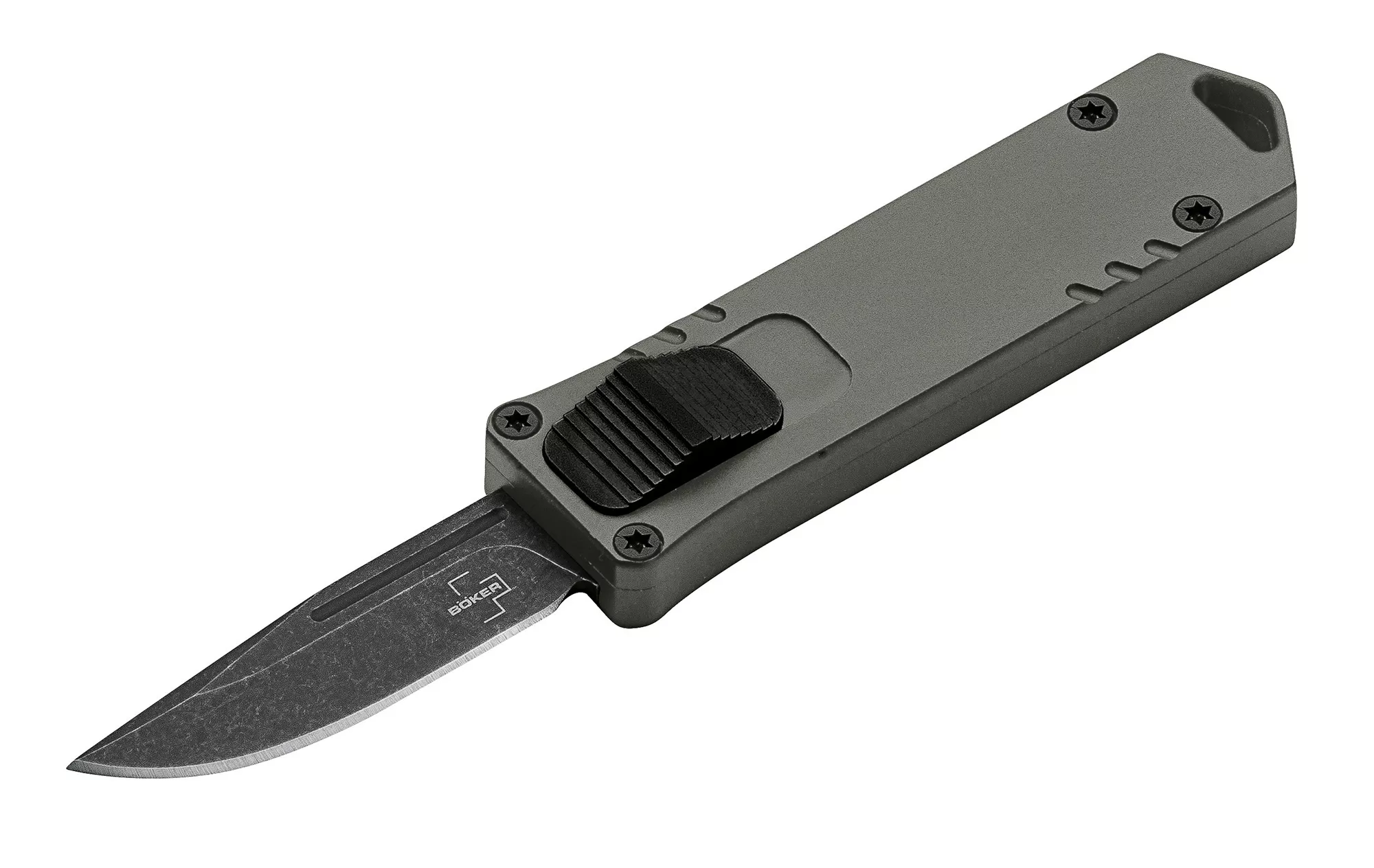 Boker Plus USB OTF Automatic Knife Gray/Green Aluminum Handle 1.7″ Black Stone washed D2 Blade