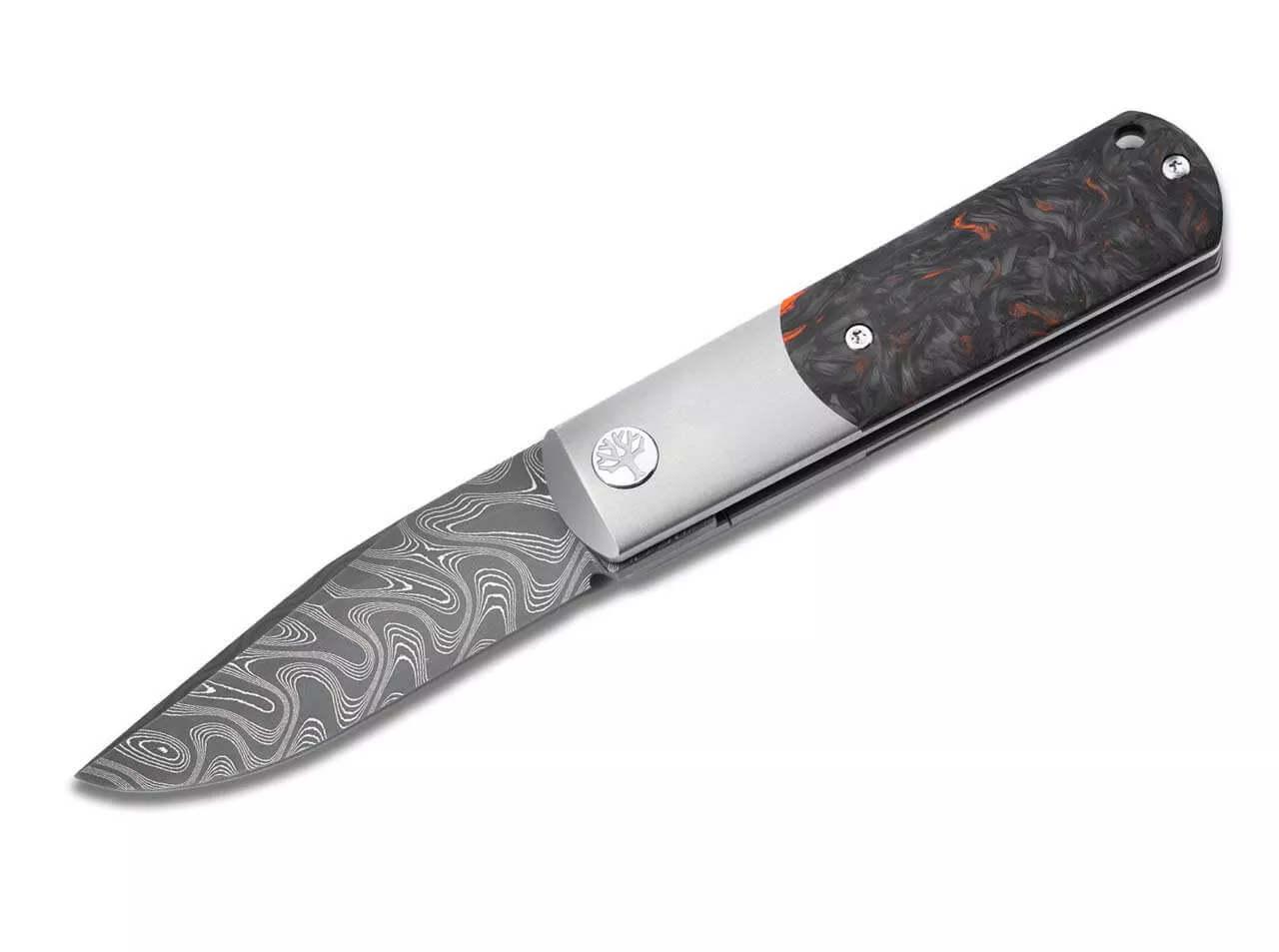 Boker Solingen 2024 Annual Damast Flipper Frame Lock Folding Knife, 2.56″ Black Boomerang Damascus Clip Point Blade, Dark Matter Orange Fat Carbon/Titanium Handles W/ Clip (Out Of Production)