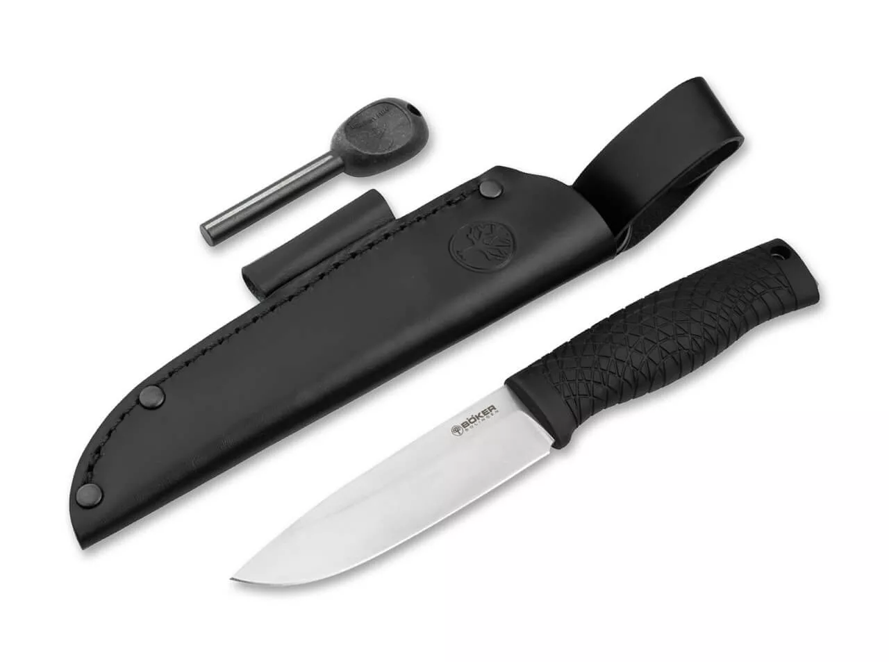 Boker Solingen Bronco Survival Fixed Blade Knife, 4.45″ CPM-3V Blade, TPE Handle, Leather Sheath W/ Fire Starter