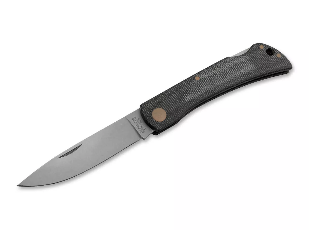 Boker Solingen Rangebuster Lockback Folding Knife 3″ N690 Blade, Black Micarta Handles W/ Copper (Out Of Production)