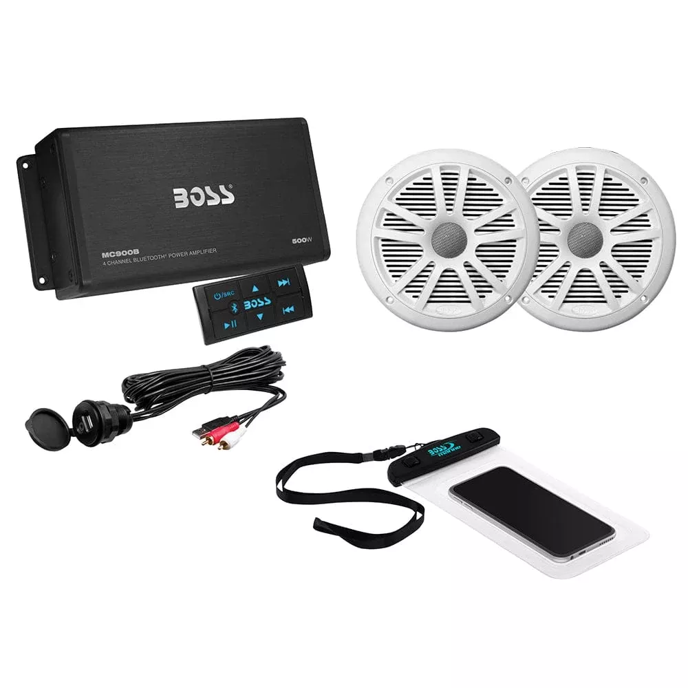 Boss Audio ASK902B.6 Package w/4-Channel Bluetooth Amplifier w/Remote, 2 MR6W 6.5″ White Speakers, USB/AUX Input & Waterproof Case