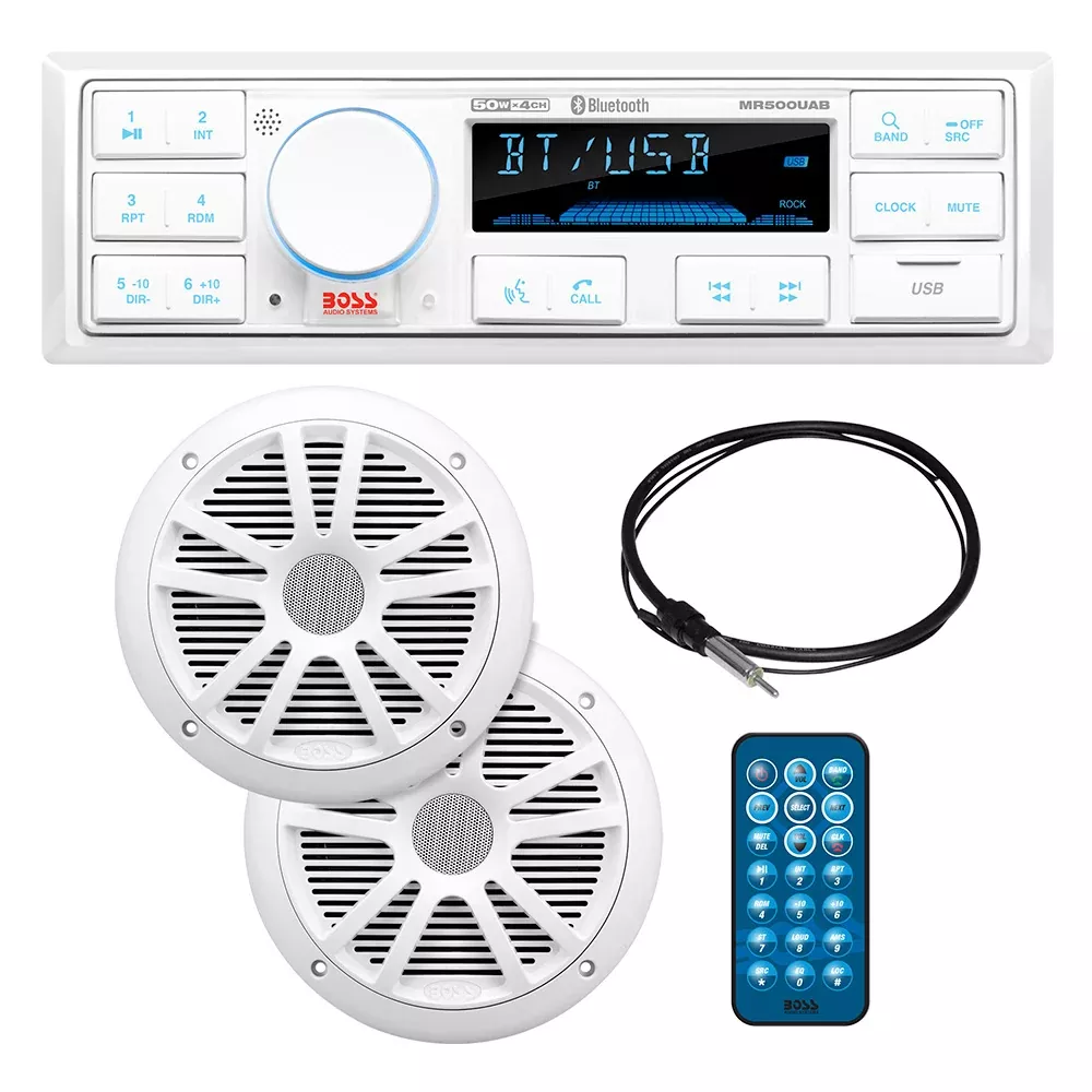 Boss Audio MCK500WB.6 Kit w/MR500UAB, 2 MR6W Speakers, MRANT10 Antenna,White Remote