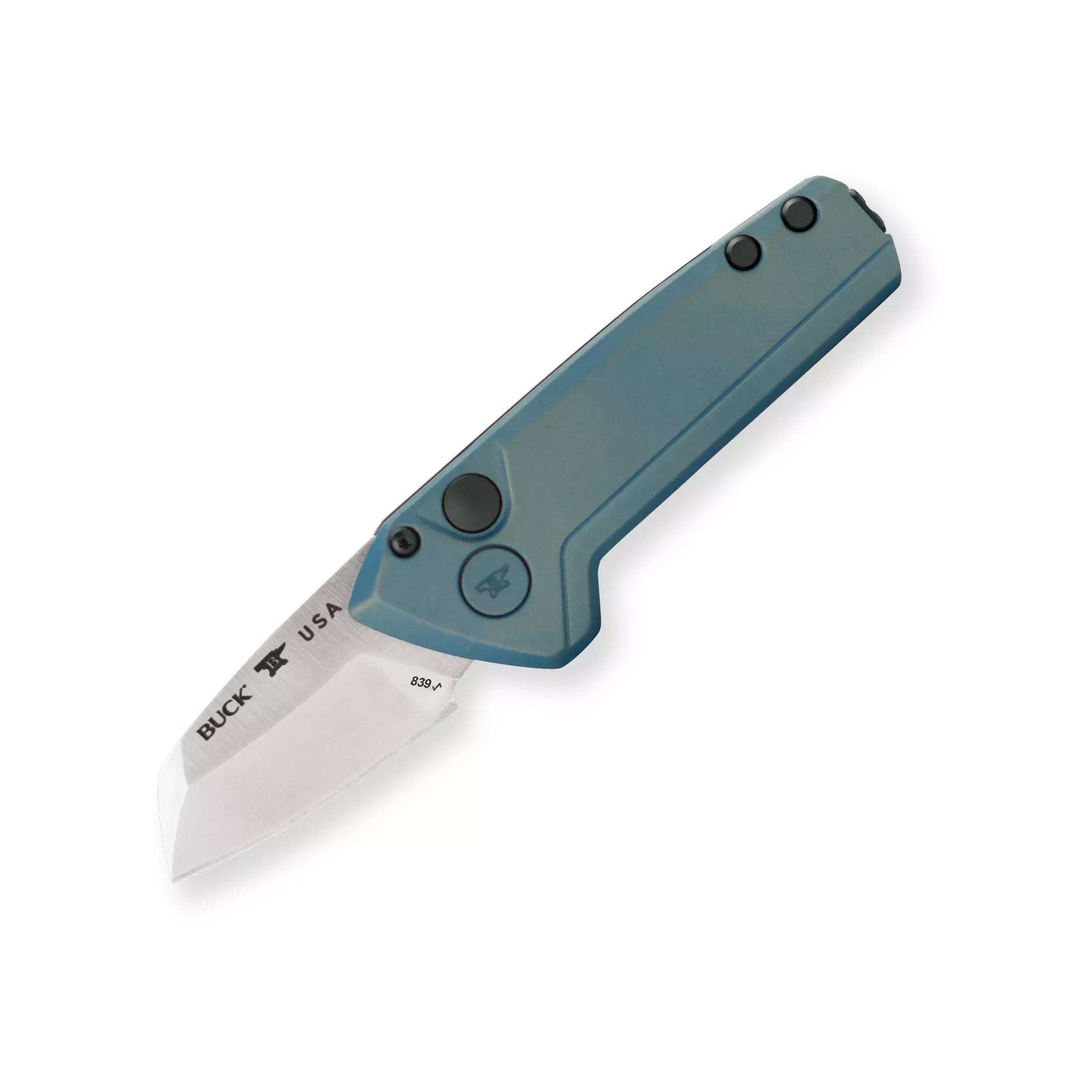 Buck Knives 839 Mini Deploy Auto Folding Knife, 1.875″ Wharncliffe 154CM Blade, Blue Cerakote Aluminum Handles W/ Clip, California Legal