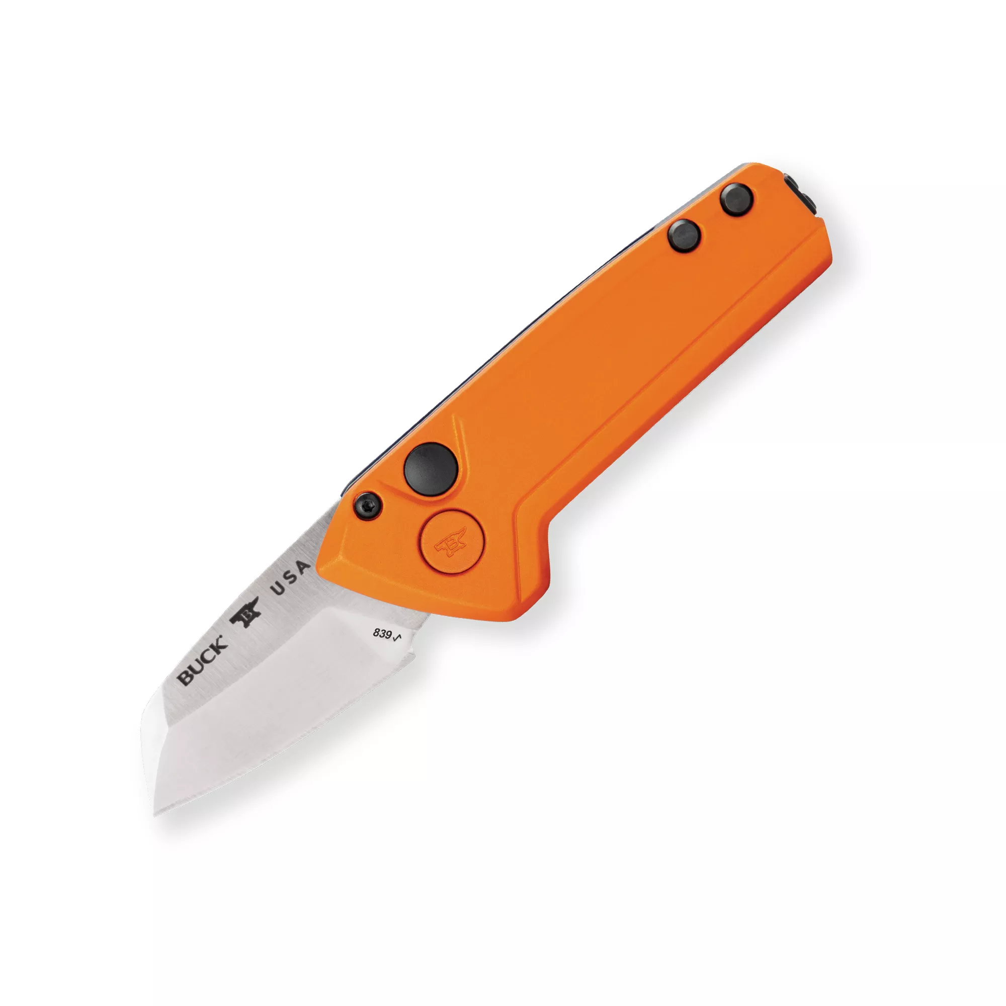 Buck Knives 839 Mini Deploy Auto Folding Knife, 1.875″ Wharncliffe 154CM Blade, Orange Cerakote Aluminum Handles W/ Clip, California Legal