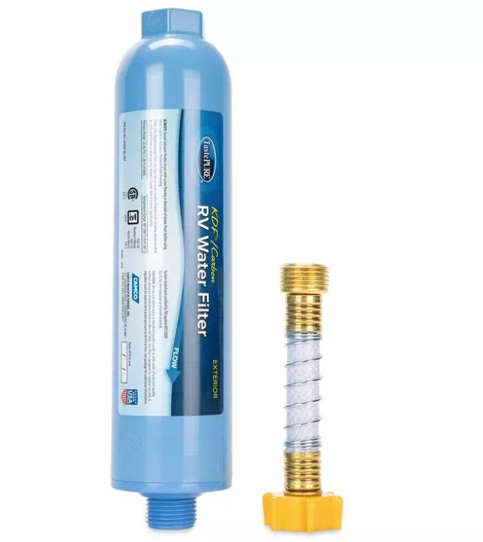 Camco TastePURE Water Filter (KDF) - w / Flexible Hose Protector• 40043