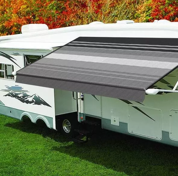 Carefree Eclipse 12V Power Awning – 15 ft., Black/Gray Stripe Vinyl, White Weatherguard• QJ158D00