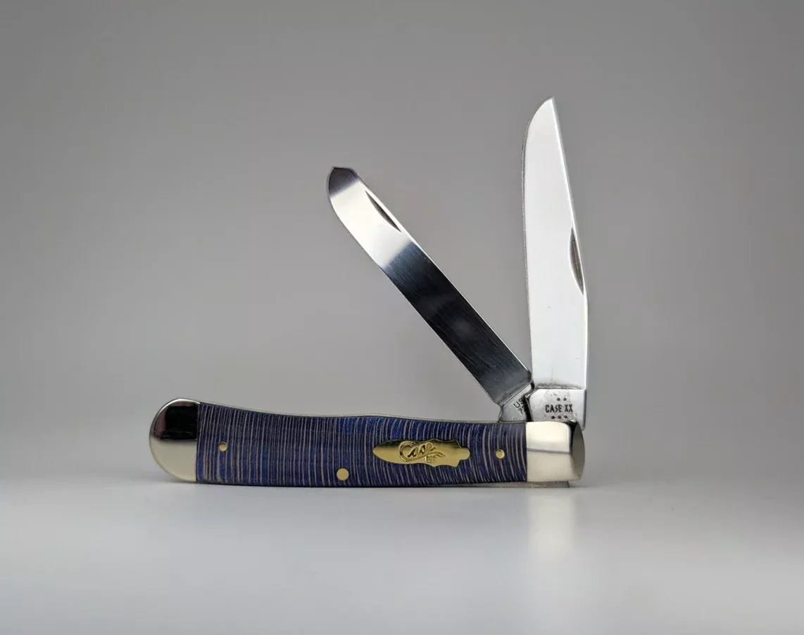 Case Knives Smooth Blue Sycamore Wood Trapper Slip Joint Knife
