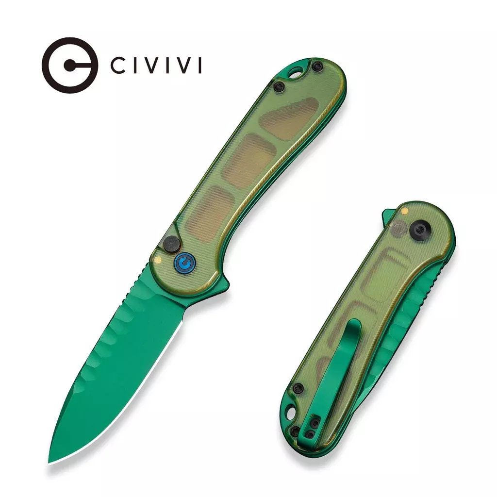 CIVIVI Button Lock Elementum II Flipper Knife Polished Yellow Ultem Handle (2.96″ Green Painted Nitro-V Blade) C18062P-2026 BS1
