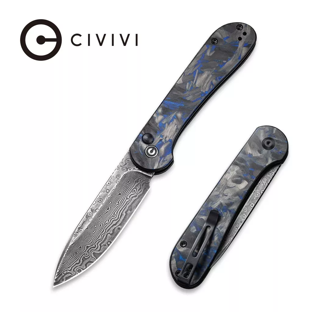 CIVIVI Button Lock Elementum Pocket Knife Carbon Fiber Handle (3.47" Damascus Blade) C2103DS-2