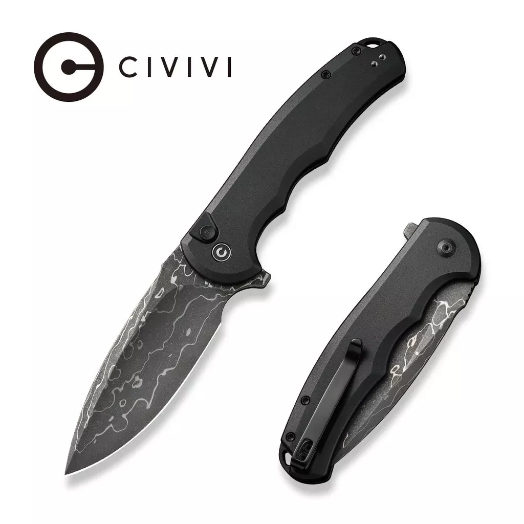 CIVIVI Button Lock Praxis Flipper Knife Aluminum Handle (3.75″ Damascus Blade) C18026E-DS1