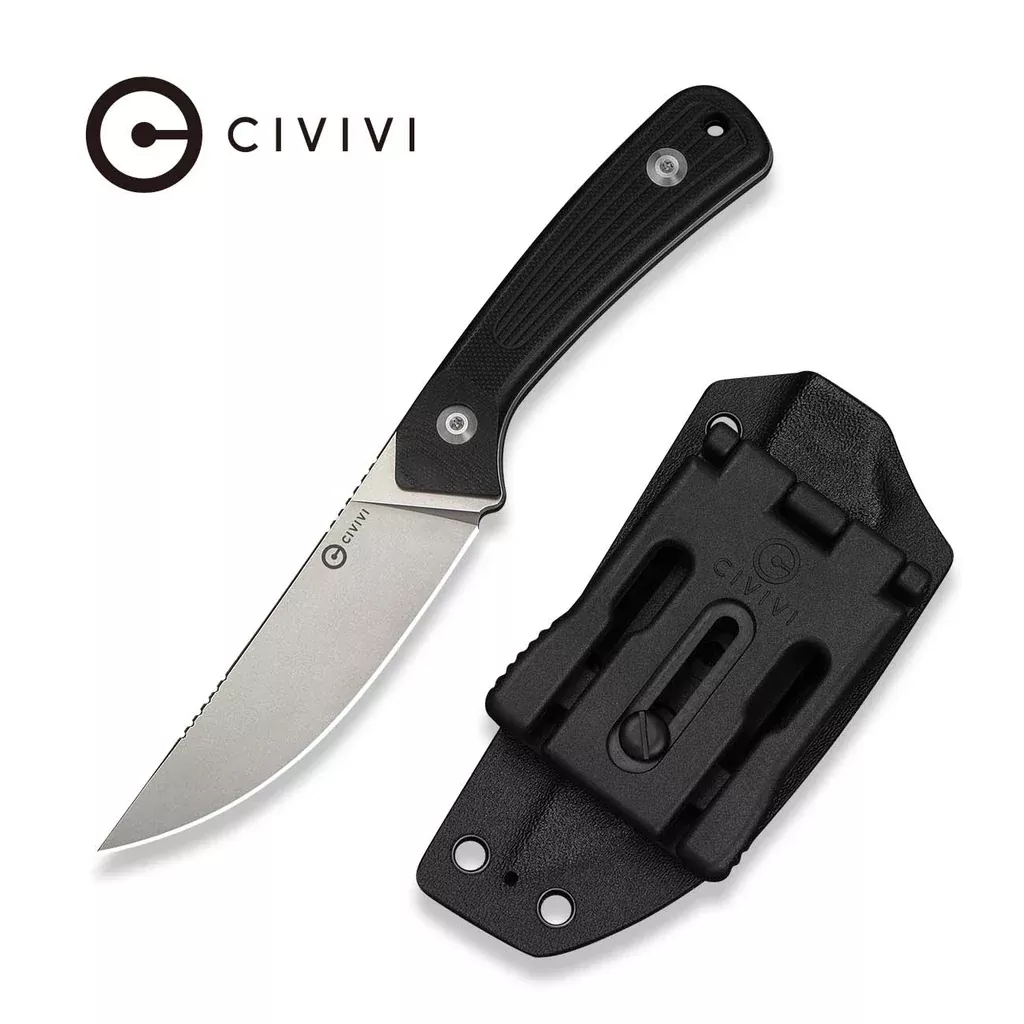 CIVIVI Carveth Hunting Fixed Blade Knife Black G10 Handle (3.59″ Stonewashed AEB-L Blade) C25040-1, With 1PC Black Lanyard, Black Kydex Sheath & T-Clip