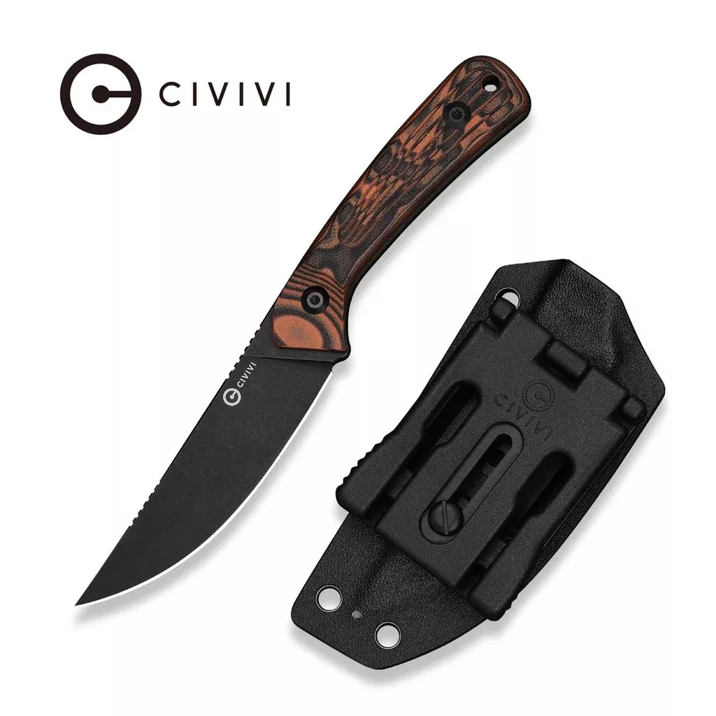 CIVIVI Carveth Hunting Fixed Blade Knife Orange & Black G10 Handle (3.59″ Black Stonewashed AEB-L Blade) C25040-2, With 1PC Black Lanyard, Black Kydex Sheath & T-Clip
