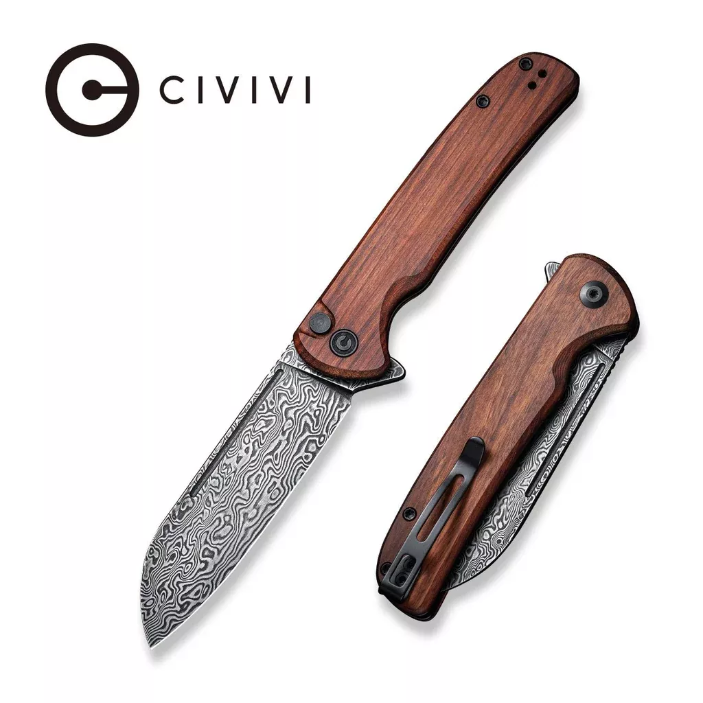 CIVIVI Chevalier Flipper & Button Lock Knife Wood Handle (3.46″ Damascus Blade) C20022-DS1