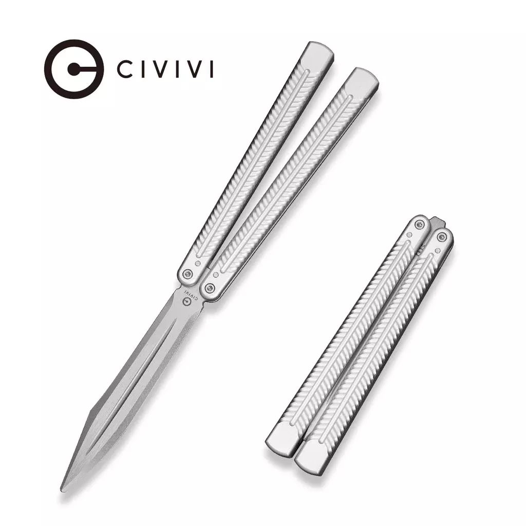 CIVIVI Dracolisk Butterfly Knife Trainer Silver Aluminum Handle (4.57″ Stonewashed 9Cr18MoV Dull Blade, Satin Flat) C25028-4