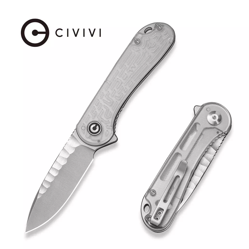 CIVIVI Elementum Flipper Knife Polished Clear Lexan Handle (2.96″ Satin Finished Nitro-V Blade With Rock-Grind Pattern) C18062AM-1