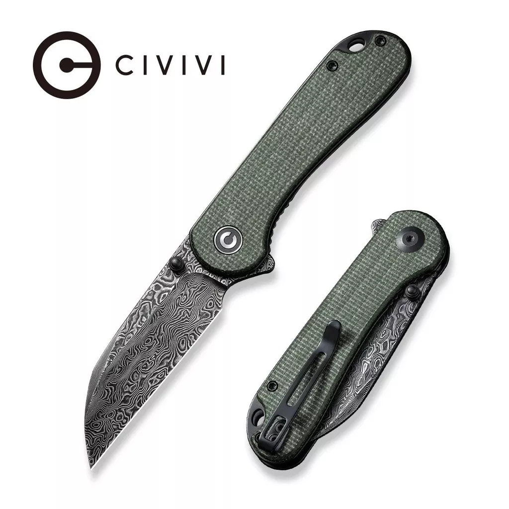 CIVIVI Elementum Flipper & Thumb Stud Knife Micarta Handle (2.97″ Damascus Blade) C18062AF-DS1