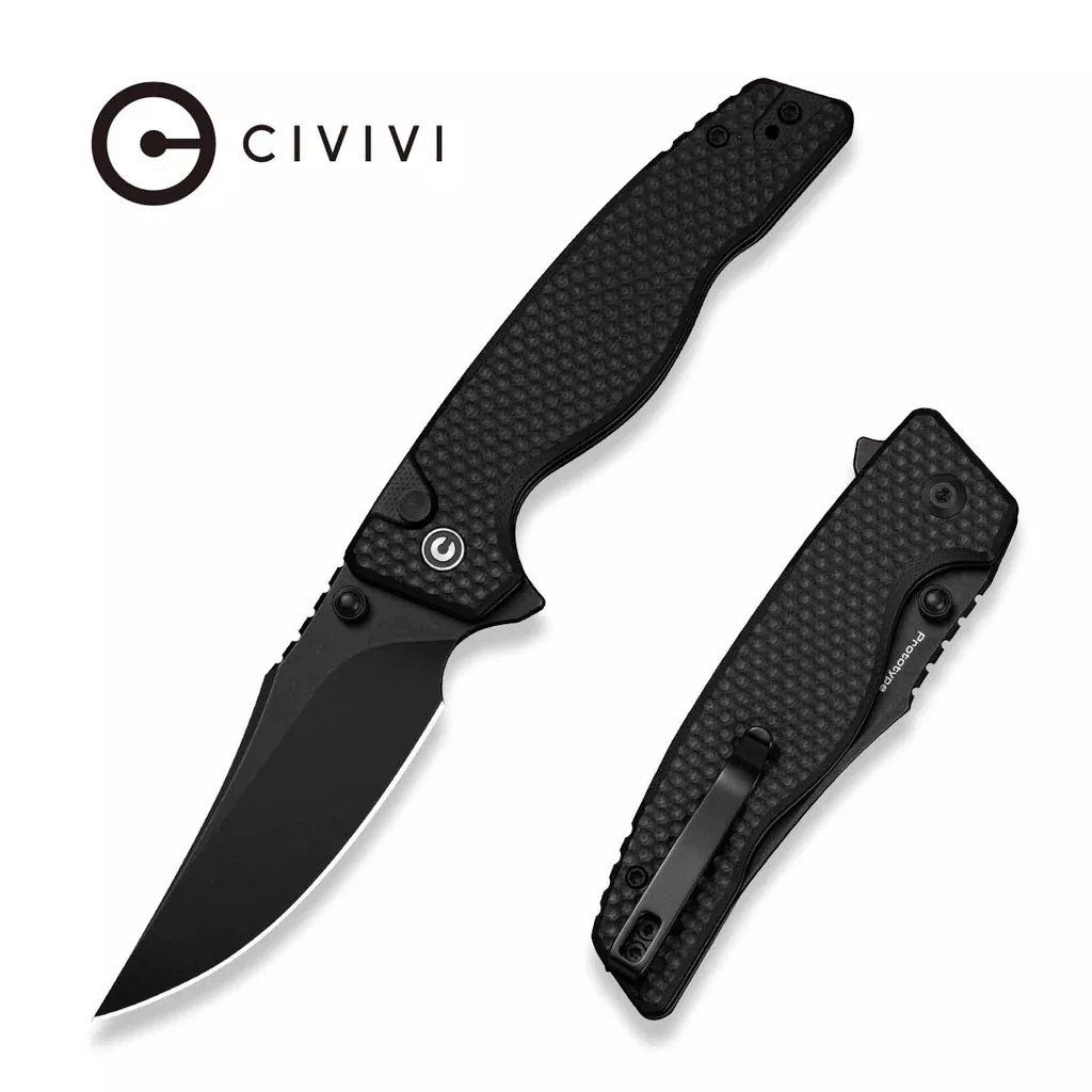 CIVIVI Ladon Flipper & Thumb Stud & Button Lock Knife Black G10 Handle (3.47″ Black Stonewashed Nitro-V Blade) C25016B Sample1