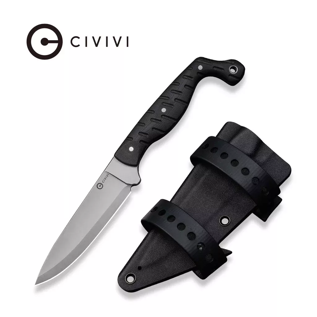 CIVIVI MDRN Hunter Fixed Blade Knife Black G10 Handle (4.12″ Stonewashed Nitro-V Blade) C23078-1, With 1PC Black Kydex Sheath & 2PCS Black Straps