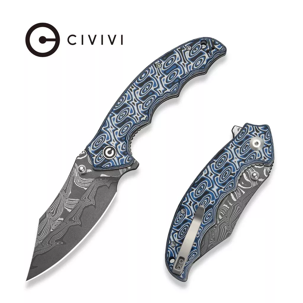 CIVIVI Pentad Flipper & Thumb Stud Knife Blue / White Vortex Micarta Handle (3.48″ Damascus Blade) C24068-DS1