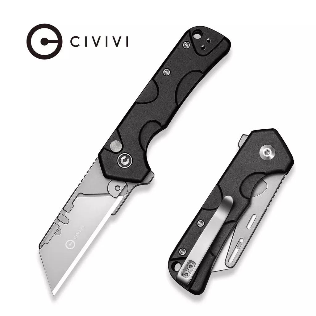 CIVIVI Pulsara Utility Flipper & Button Lock Knife Black Aluminum Handle (2.44″ Stonewashed S/S Blade Holder & Plain 6Cr13 Blade) C24041F-1