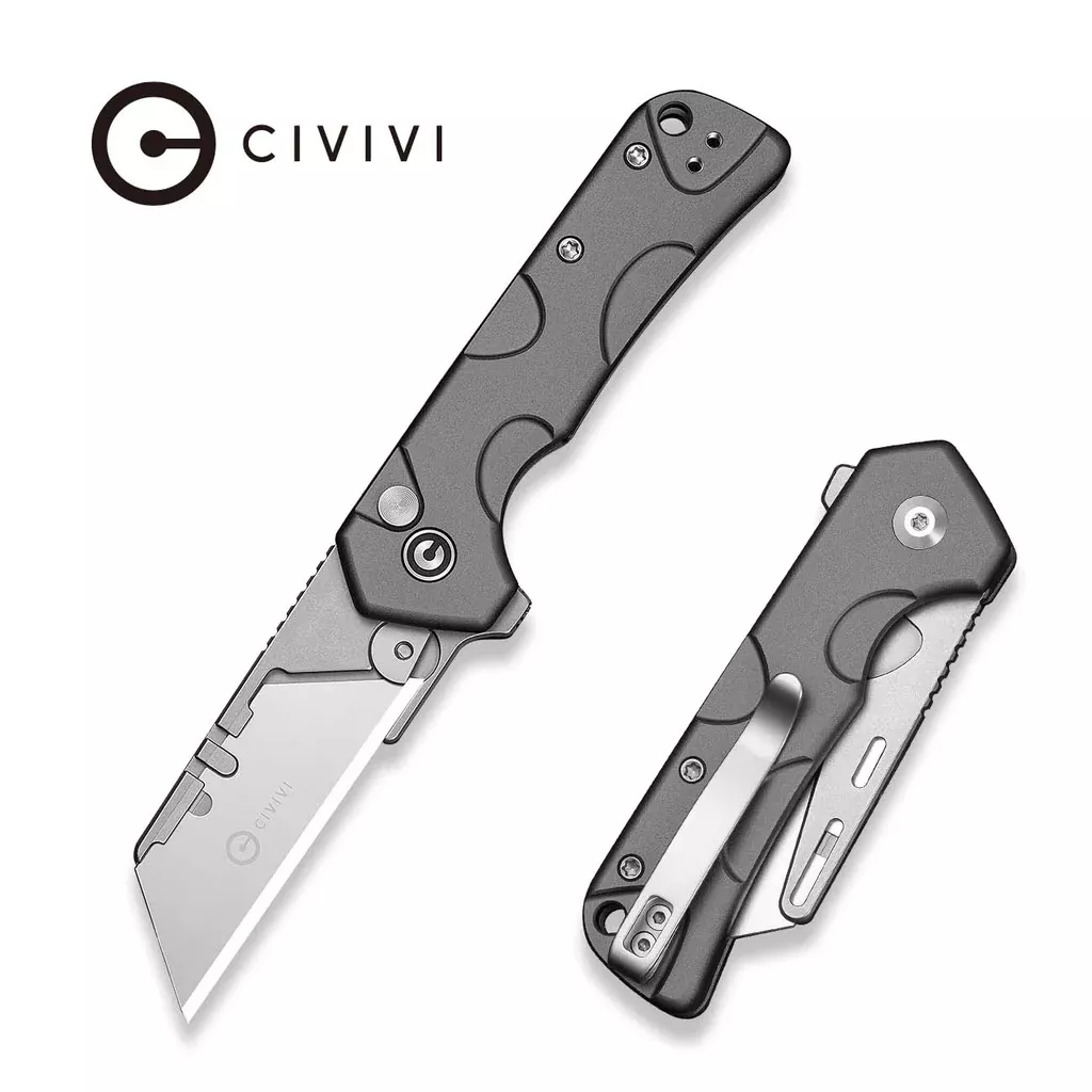 CIVIVI Pulsara Utility Flipper & Button Lock Knife Gray Aluminum Handle (2.44″ Stonewashed S/S Blade Holder & Plain 6Cr13 Blade) C24041F-4