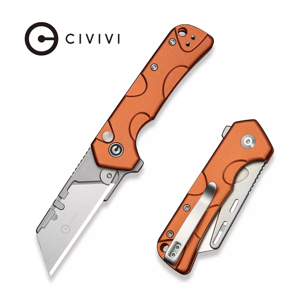 CIVIVI Pulsara Utility Flipper & Button Lock Knife Orange Aluminum Handle (2.44″ Stonewashed S/S Blade Holder & Plain 6Cr13 Blade) C24041F-3
