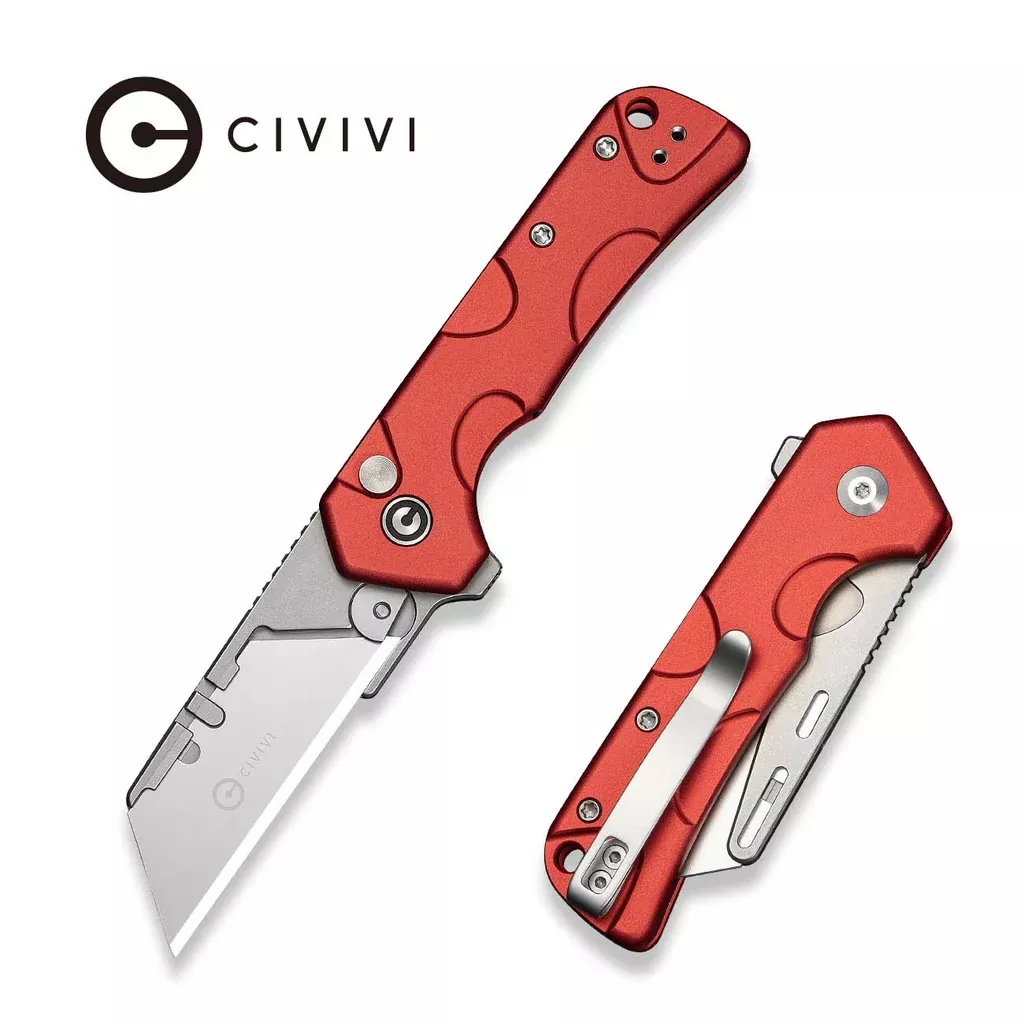 CIVIVI Pulsara Utility Flipper & Button Lock Knife Red Aluminum Handle (2.44″ Stonewashed S/S Blade Holder & Plain 6Cr13 Blade) C24041F-2