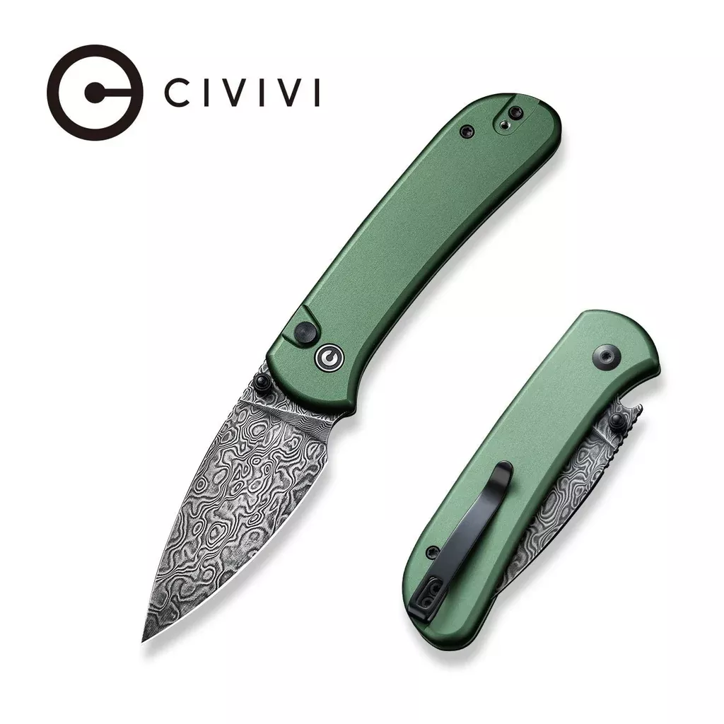 CIVIVI Qubit Button Lock & Thumb Stud Knife Aluminum Handle (2.98″ Damascus Blade) C22030E-DS1