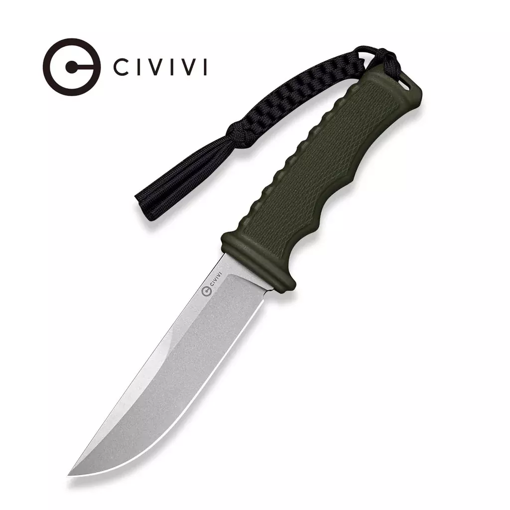 CIVIVI Ravok Fixed Blade Knife OD Green G10 Handle (4.76″ StonewashedAEB-L Blade) C25072B Sample1, With Brown Leather Sheath & Black Tied Paracord Lanyard