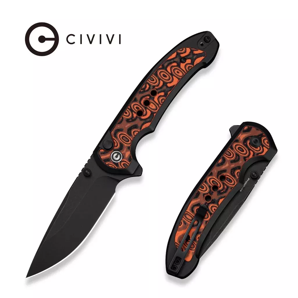CIVIVI Reveal Flipper & Thumb Stud & Button LockKnife Black Aluminum Handle With Micarta Inlay (3.37″ Black Stonewashed 14C28N Blade) C25108 Sample2