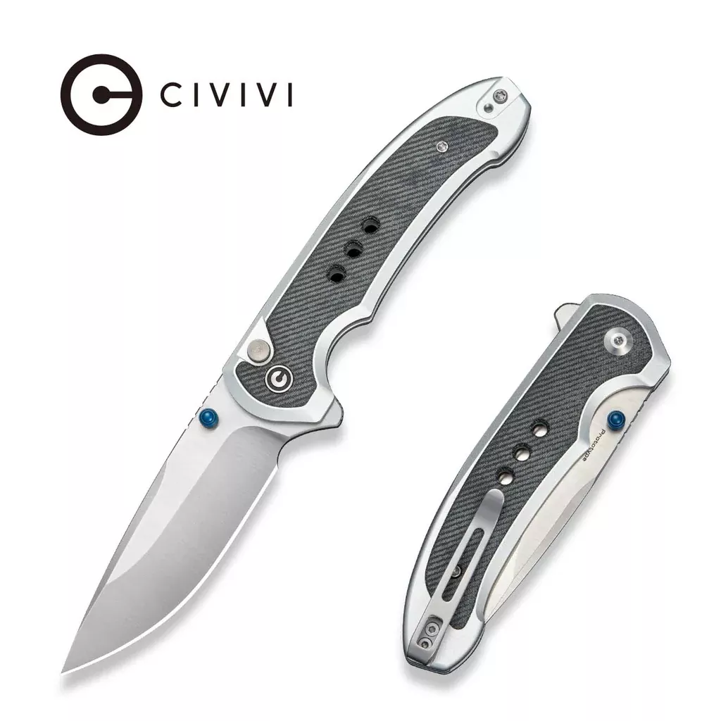 CIVIVI Reveal Flipper & Thumb Stud & Button LockKnife Gray Aluminum Handle With Micarta Inlay (3.37″ Satin Finished 14C28N Blade) C25108 Sample1