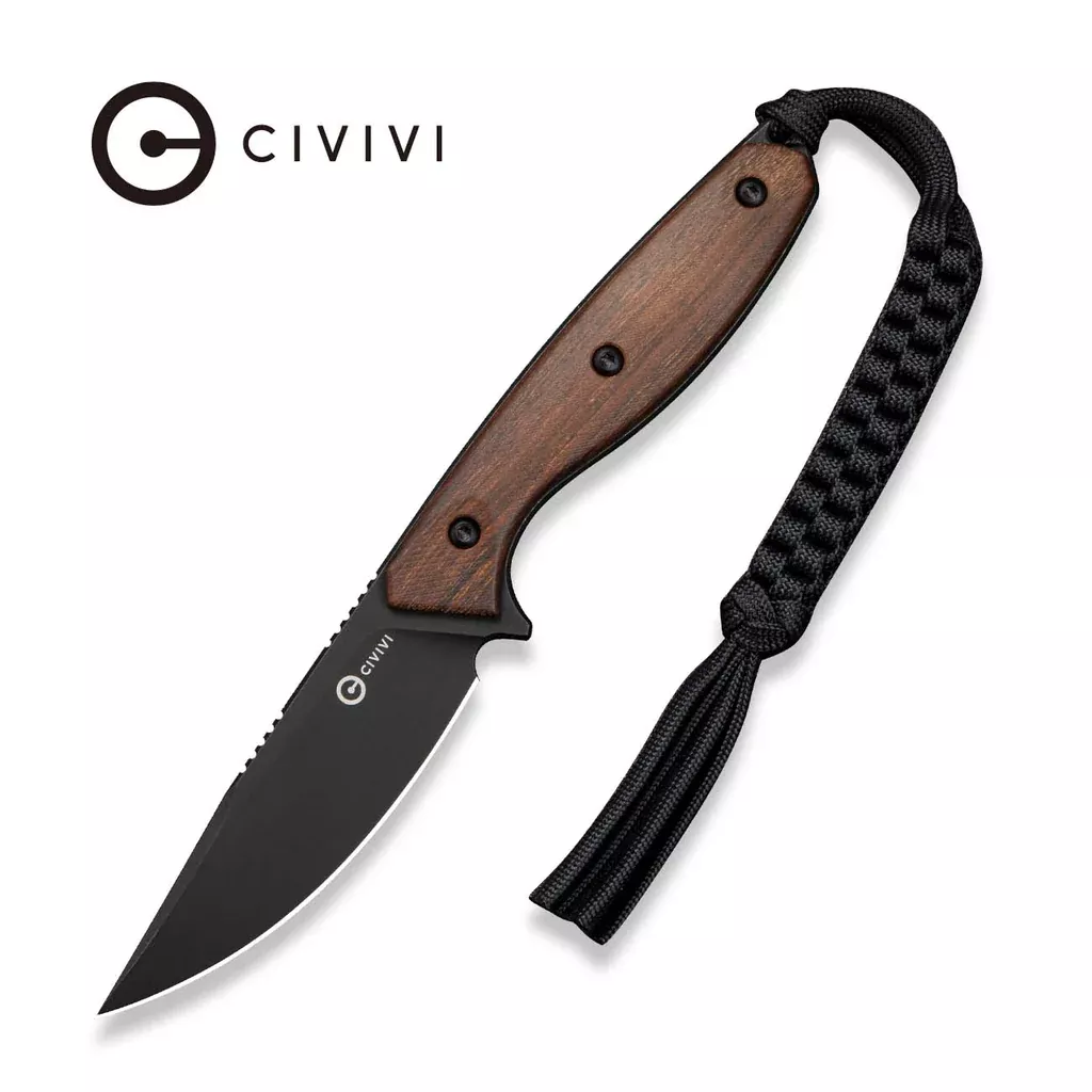 CIVIVI Riftedge Fixed Blade Knife Iron Wood Handle (3.01″ Black Stonewashed 14C28N Blade) C25050 Sample2, With 1PC Black Lanyard, Black Kydex Sheath & T-Clip