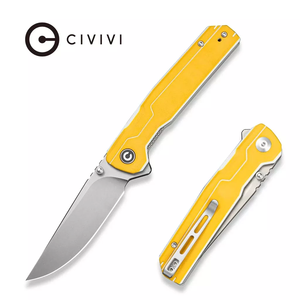 CIVIVI Rushline Flipper & Thumb Stud Knife Yellow & White G10 Handle (3.62″ Stonewashed 14C28N Blade) C25048B Sample1