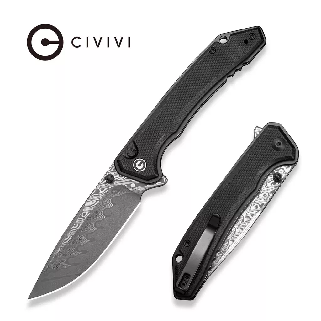 CIVIVI Spherion Flipper & Thumb Stud & Button Lock Knife Black G10 Handle (3.45″ Damascus Blade) C25039 Sample1