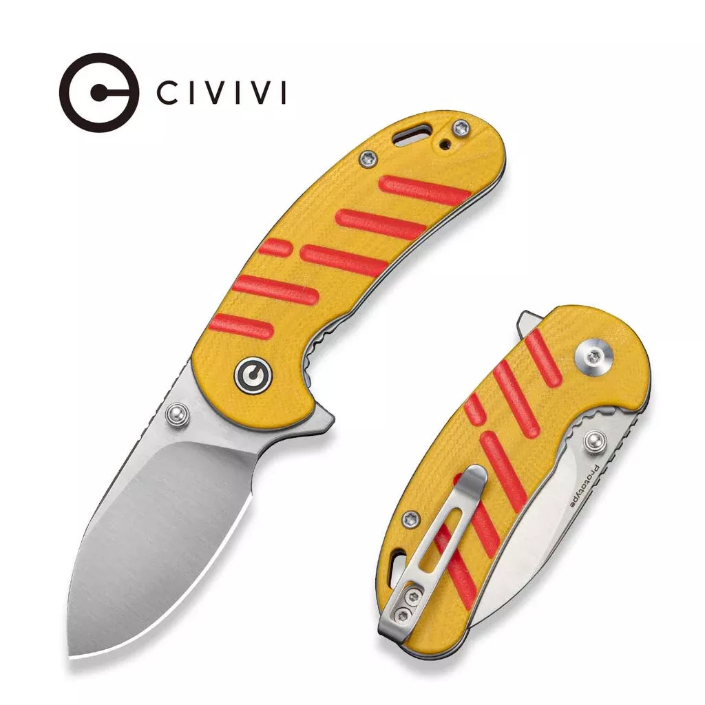 CIVIVI Squib Flipper & Thumb Stud Knife Yellow & Red G10 Handle (2.28″ Satin Finished Nitro-V Blade) C25117 Sample1