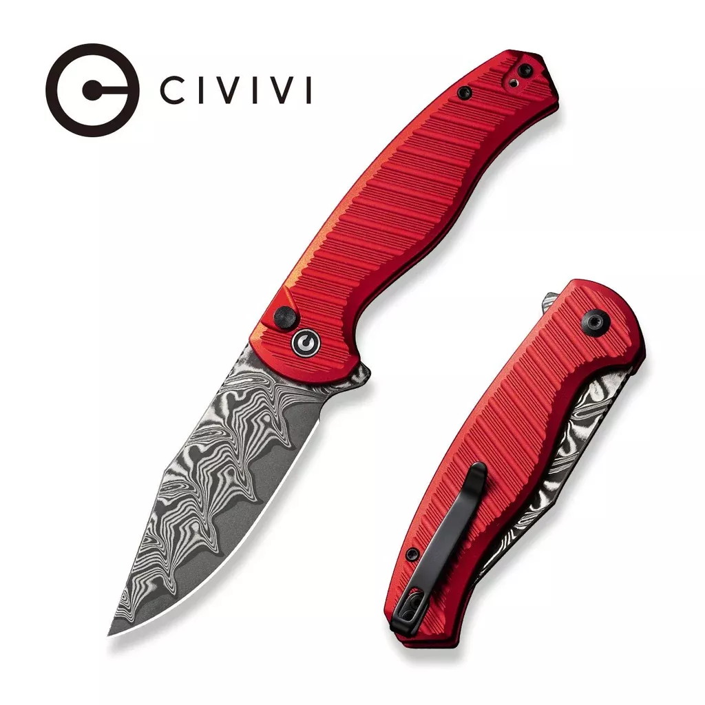 CIVIVI Stormhowl Flipper & Button Lock Knife Aluminum Handle (3.3″ Damascus Blade) C23040B-DS1