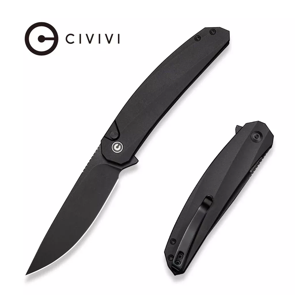 CIVIVI Sylvara Flipper & Button Lock Knife Black Aluminum Handle (3.66″ Black Stonewashed Nitro-V Blade) C25024 Sample1