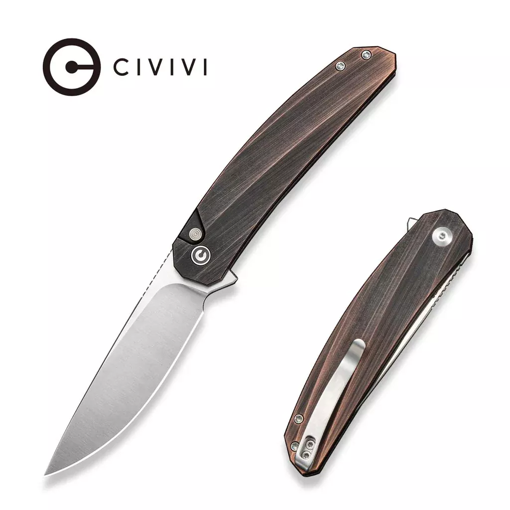 CIVIVI Sylvara Flipper & Button Lock Knife Black Hand Rubbed Copper Handle (3.66″ Satin Finished Nitro-V Blade) C25024B Sample1