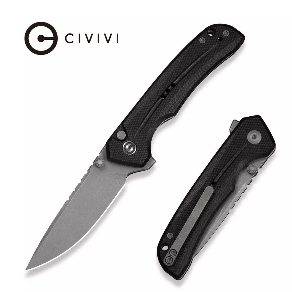 CIVIVI Tarask Flipper & Thumb Stud & Button Lock Knife Black G10 Handle (2.96″ Gray Stonewashed Nitro-V Blade) C25023C-1