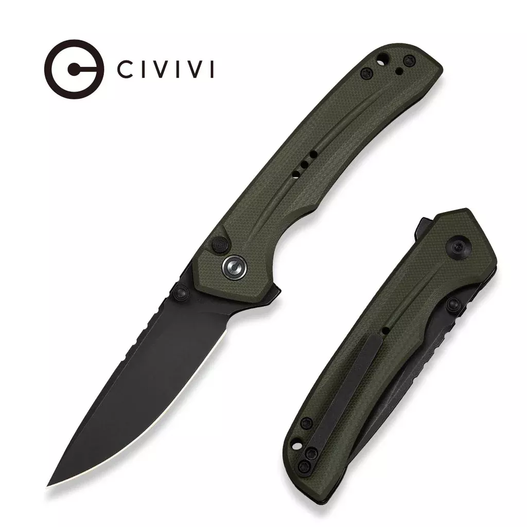 CIVIVI Tarask Flipper & Thumb Stud & Button Lock Knife OD Green G10 Handle (2.96″ Black Stonewashed Nitro-V Blade) C25023C-2