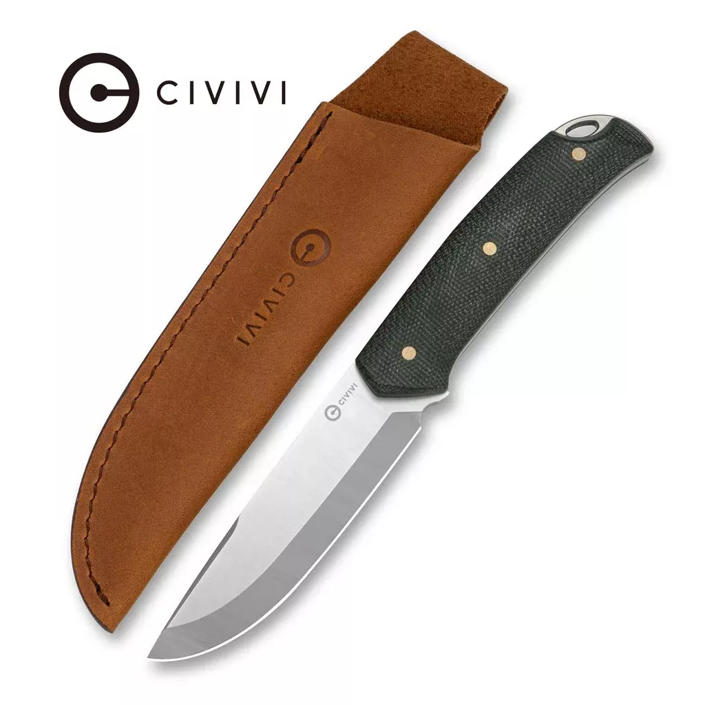 CIVIVI Thaloryn Fixed Blade Knife Green Canvas Micarta Handle (4.1″ Satin Finished AEB-L Blade) C25082 Sample4, With 1PC Brown Leather Sheath and 1PC Black Lanyard
