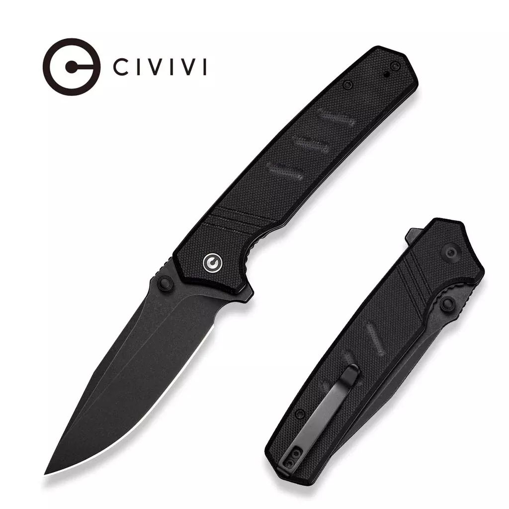 CIVIVI Trellex Flipper & Thumb Stud Knife Black G10 Handle (3.5″ Black Stonewashed Nitro-V Blade) C25013 Sample1