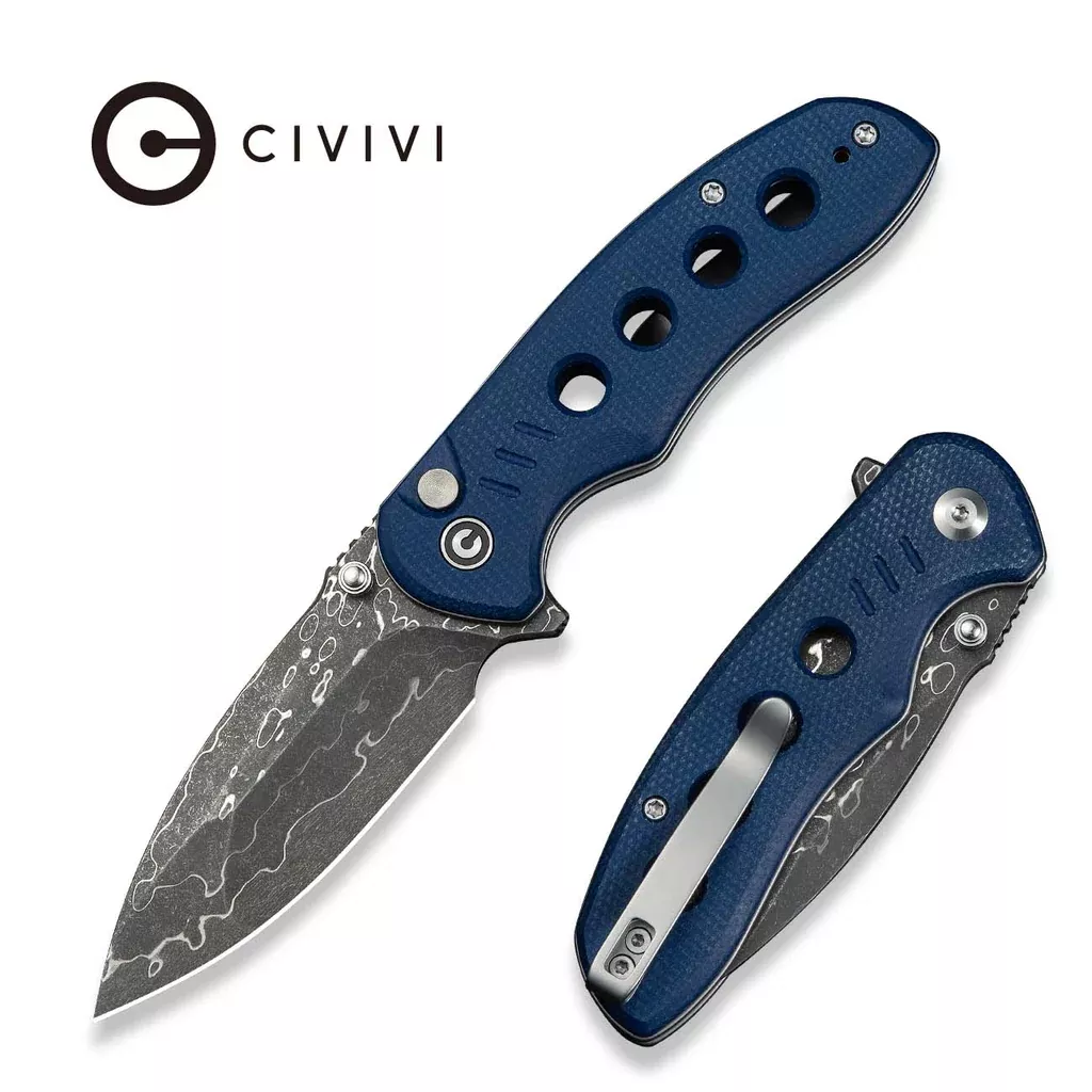 CIVIVI Triptych Flipper & Thumb Stud & Button Lock Knife Micarta Handle (2.97″ Damascus Blade) C23085B-DS1