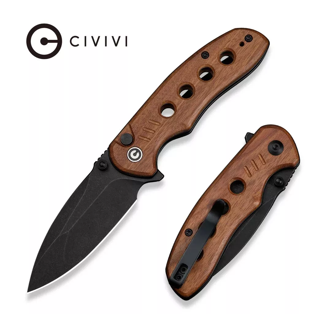 CIVIVI Triptych Flipper & Thumb Stud & Button Lock Knife Wood Handle (2.97″ 14C28N Blade) C23085B-3