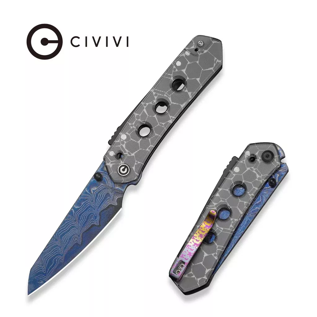 CIVIVI Vision FG Thumb Stud & Superlock Knife Polished Clear Lexan Handle (3.54″ Blue Damascus Blade) C22036-2026 BS1