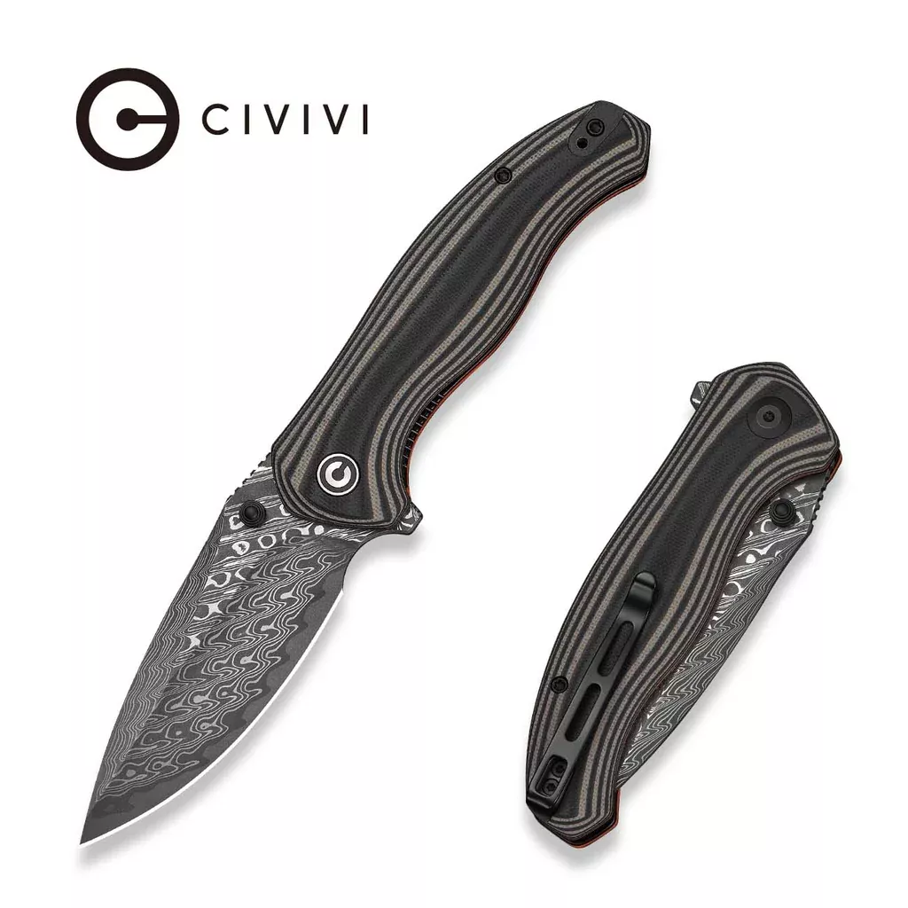 CIVIVI Vyrent Flipper & Thumb Stud Knife Black, Tan & Orange G10 Contoured Handle (3.48″ Damascus Blade) C25037B-DS1