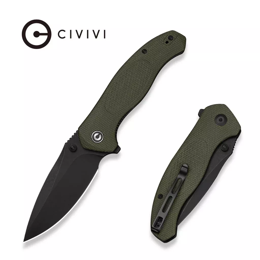 CIVIVI Vyrent Flipper & Thumb Stud Knife Olive Canvas Micarta Contoured Handle (3.48″ Black Stonewashed Nitro-X7 Blade) C25037-2